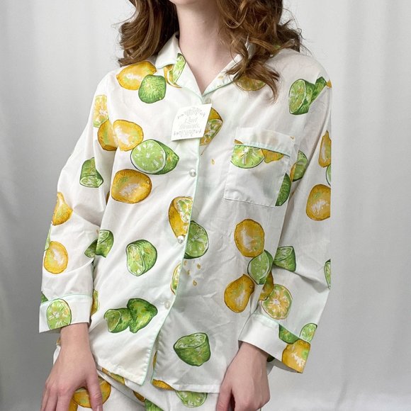 Deadstock Vintage Novelty Citrus Print Matching Pajama Shirt & Long Pants PJ Set - Picture 3 of 9